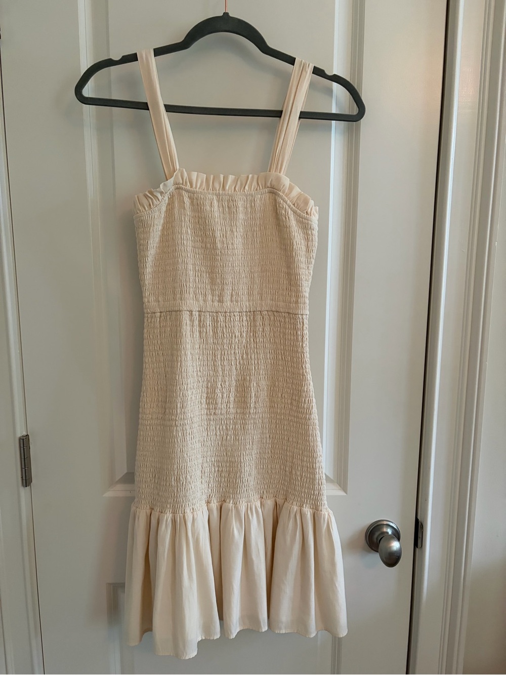 Smocked Cream Mini Dress with Ruffle Hem and Wide Straps